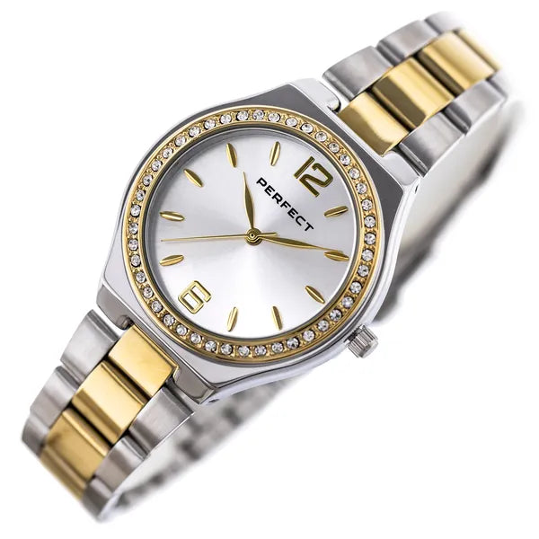 Perfect S390-05 női kvarc karóra, ezüst/arany, kristályos, 34 mm, WR30