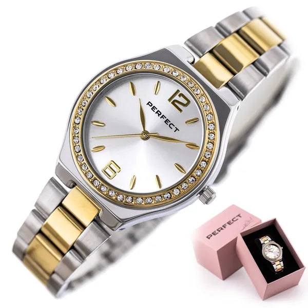 Perfect S390-05 női kvarc karóra, ezüst/arany, kristályos, 34 mm, WR30
