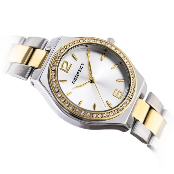Perfect S390-05 női kvarc karóra, ezüst/arany, kristályos, 34 mm, WR30