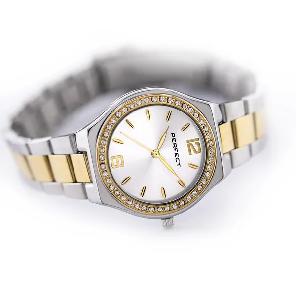 Perfect S390-05 női kvarc karóra, ezüst/arany, kristályos, 34 mm, WR30