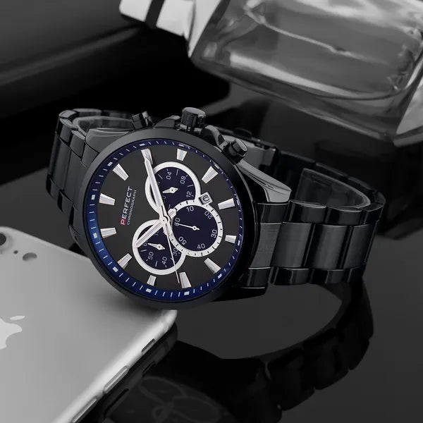 Perfect férfi kronográf karóra, Miyota kvarc, fekete, 44 mm, WR30, fém szíj