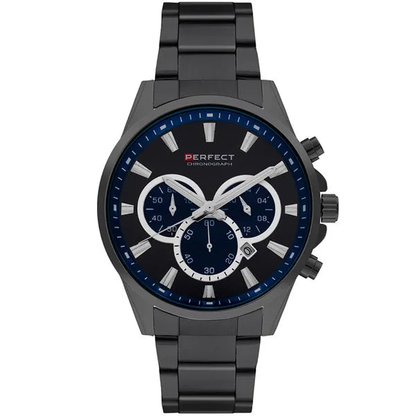 Perfect férfi kronográf karóra, Miyota kvarc, fekete, 44 mm, WR30, fém szíj