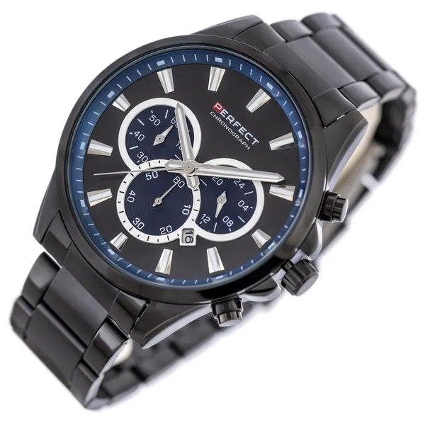 Perfect férfi kronográf karóra, Miyota kvarc, fekete, 44 mm, WR30, fém szíj