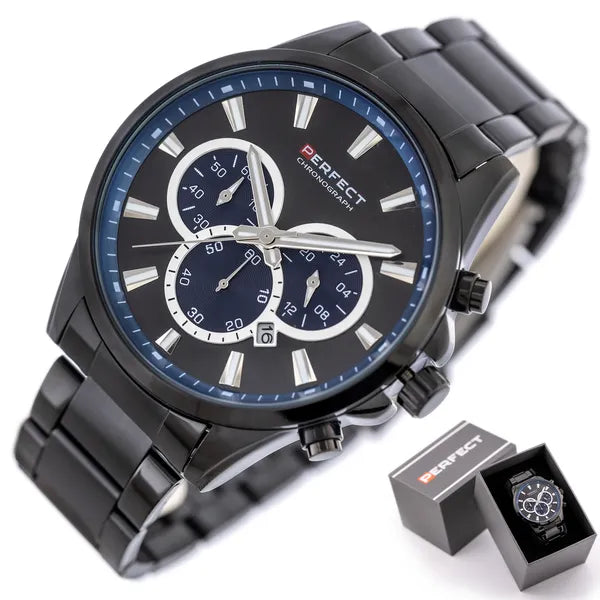 Perfect férfi kronográf karóra, Miyota kvarc, fekete, 44 mm, WR30, fém szíj