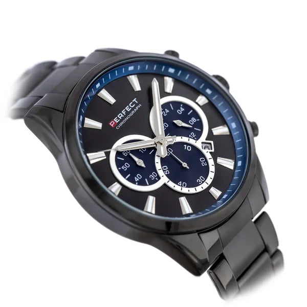 Perfect férfi kronográf karóra, Miyota kvarc, fekete, 44 mm, WR30, fém szíj