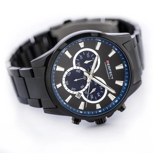 Perfect férfi kronográf karóra, Miyota kvarc, fekete, 44 mm, WR30, fém szíj