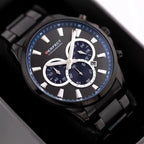 Perfect férfi kronográf karóra, Miyota kvarc, fekete, 44 mm, WR30, fém szíj