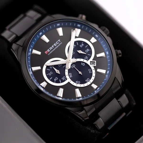 Perfect férfi kronográf karóra, Miyota kvarc, fekete, 44 mm, WR30, fém szíj