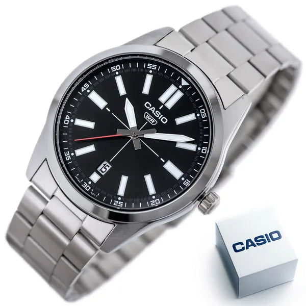 Casio MTP-VD02D-1E férfi karóra, fekete számlap, acél szíj, dátum, 41 mm, WR30