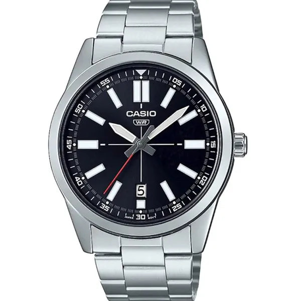 Casio MTP-VD02D-1E férfi karóra, fekete számlap, acél szíj, dátum, 41 mm, WR30