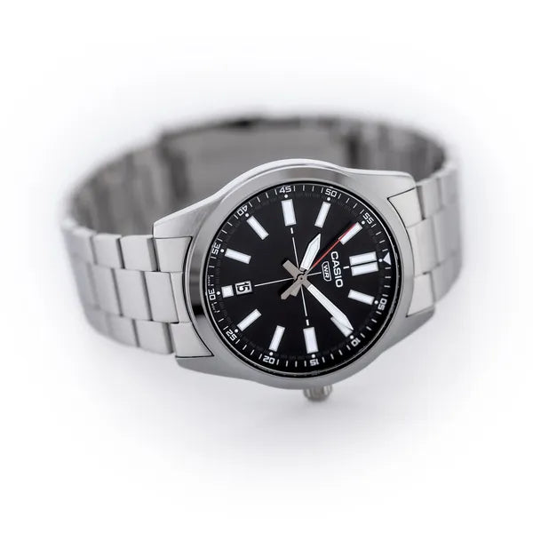 Casio MTP-VD02D-1E férfi karóra, fekete számlap, acél szíj, dátum, 41 mm, WR30