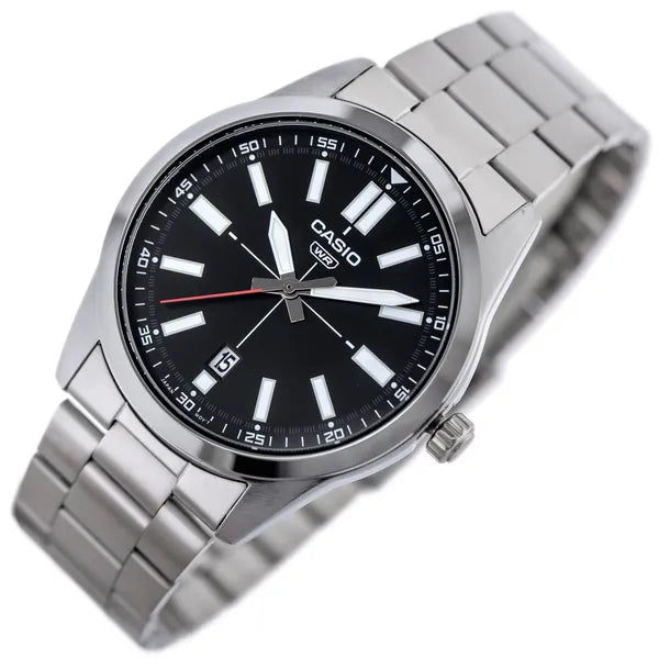 Casio MTP-VD02D-1E férfi karóra, fekete számlap, acél szíj, dátum, 41 mm, WR30