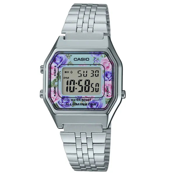 Casio LA680WA-2C női digitális karóra, acél szíj, türkiz számlap, WR30