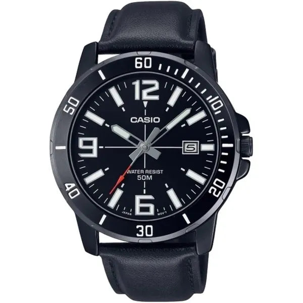 Casio férfi karóra MTP-VD01BL-1B, fekete, 45 mm, bőr szíj, WR50