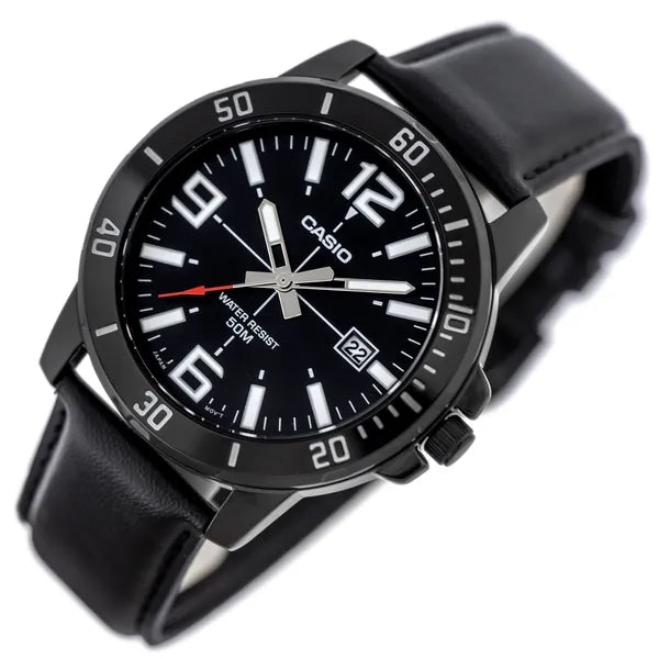 Casio férfi karóra MTP-VD01BL-1B, fekete, 45 mm, bőr szíj, WR50