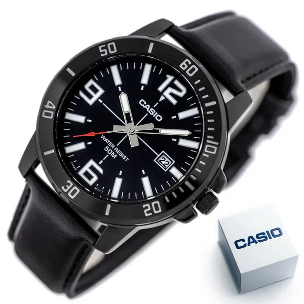 Casio férfi karóra MTP-VD01BL-1B, fekete, 45 mm, bőr szíj, WR50