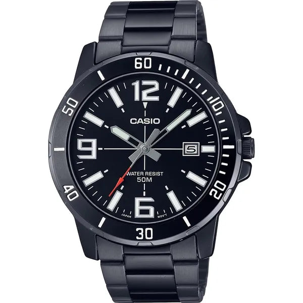 Casio MTP-VD01B-1B férfi karóra, fekete acél, WR50, dátumkijelző