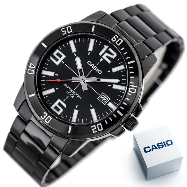 Casio MTP-VD01B-1B férfi karóra, fekete acél, WR50, dátumkijelző