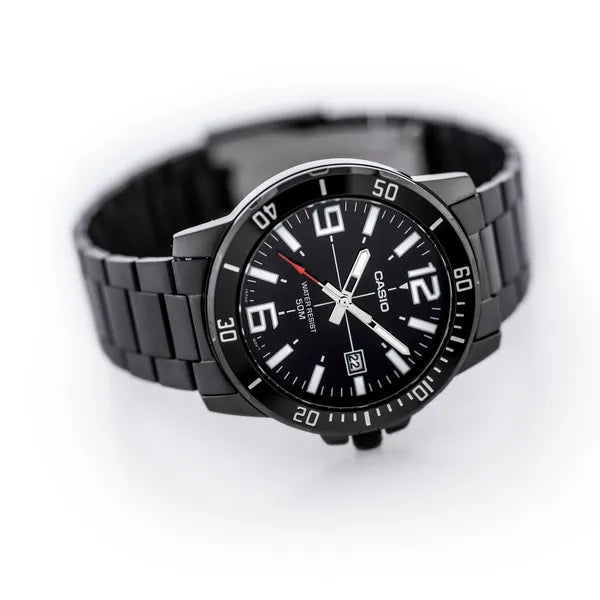 Casio MTP-VD01B-1B férfi karóra, fekete acél, WR50, dátumkijelző