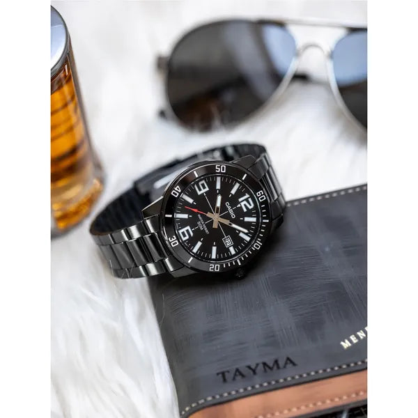 Casio MTP-VD01B-1B férfi karóra, fekete acél, WR50, dátumkijelző