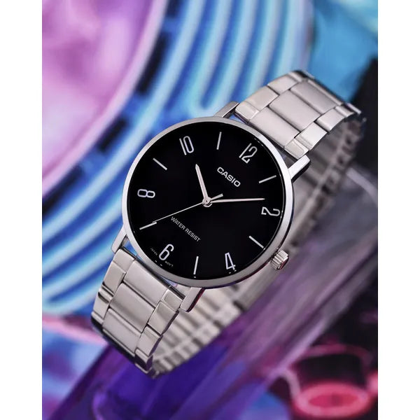 Casio MTP-VT01D-1B2 férfi karóra, fekete számlap, acél szíj, 40 mm, WR30