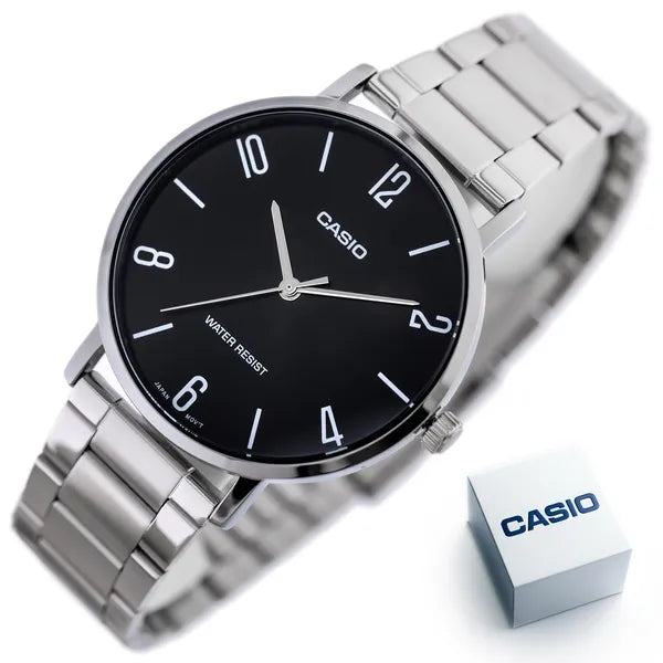 Casio MTP-VT01D-1B2 férfi karóra, fekete számlap, acél szíj, 40 mm, WR30
