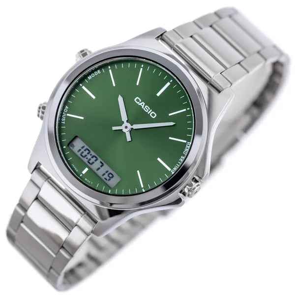 Casio férfi karóra MTP-VC01D-3E, zöld számlap, acél szíj, WR50, dátum