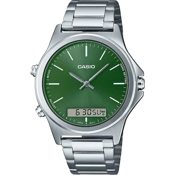 Casio férfi karóra MTP-VC01D-3E, zöld számlap, acél szíj, WR50, dátum