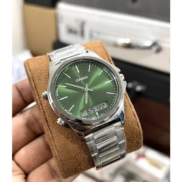 Casio férfi karóra MTP-VC01D-3E, zöld számlap, acél szíj, WR50, dátum