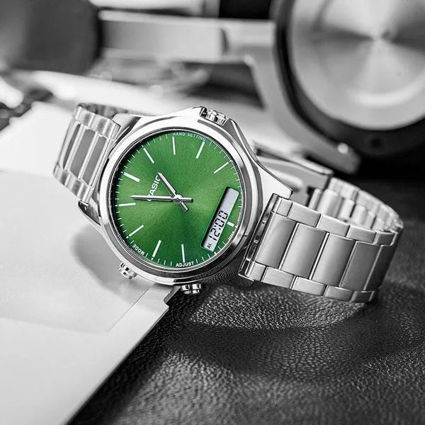Casio férfi karóra MTP-VC01D-3E, zöld számlap, acél szíj, WR50, dátum