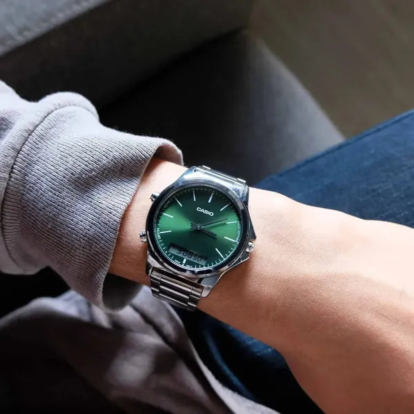 Casio férfi karóra MTP-VC01D-3E, zöld számlap, acél szíj, WR50, dátum