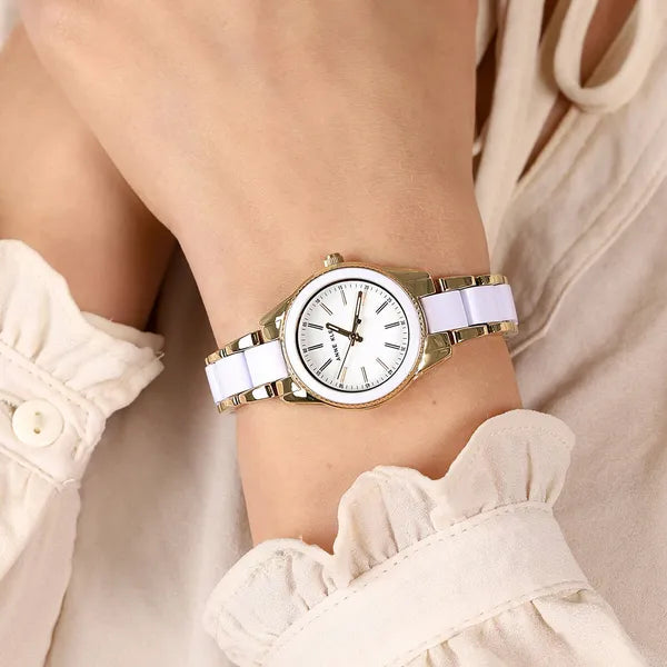 Anne Klein AK-3212WTGB női karóra, kvarc, fehér/arany acél, WR30