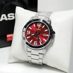 Casio MTP-VD01D-4B férfi karóra, piros számlap, acél szíj, WR50 + díszdoboz