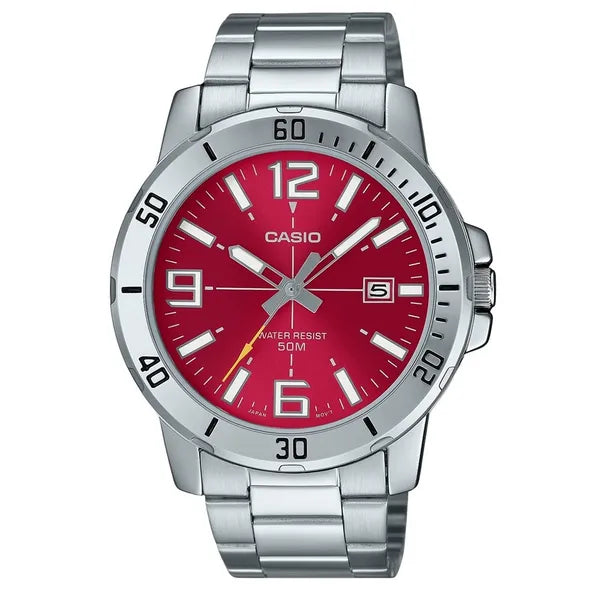Casio MTP-VD01D-4B férfi karóra, piros számlap, acél szíj, WR50 + díszdoboz
