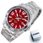 Casio MTP-VD01D-4B férfi karóra, piros számlap, acél szíj, WR50 + díszdoboz