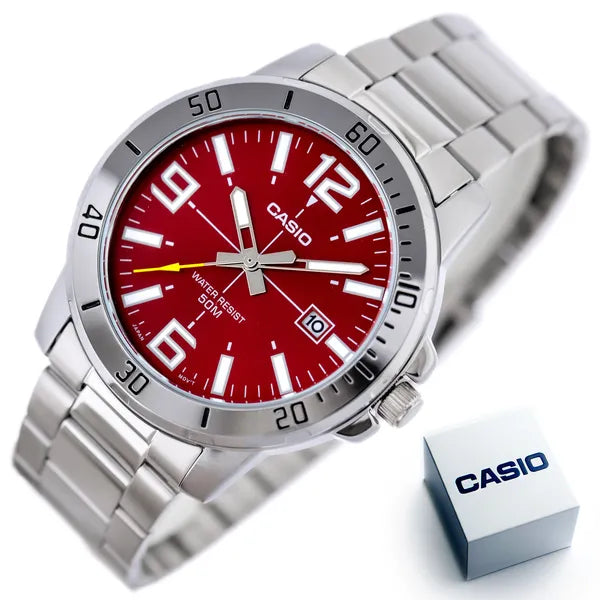 Casio MTP-VD01D-4B férfi karóra, piros számlap, acél szíj, WR50 + díszdoboz