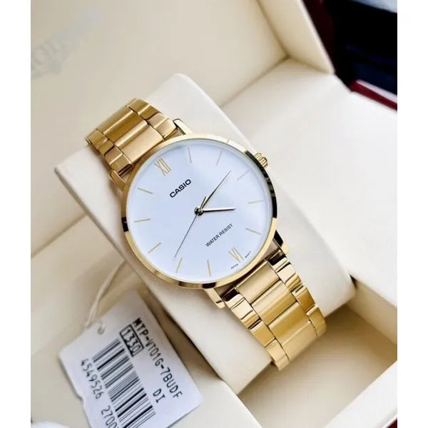 Casio MTP-VT01G-7B férfi karóra arany színű acél, fehér számlap, WR30, kvarc