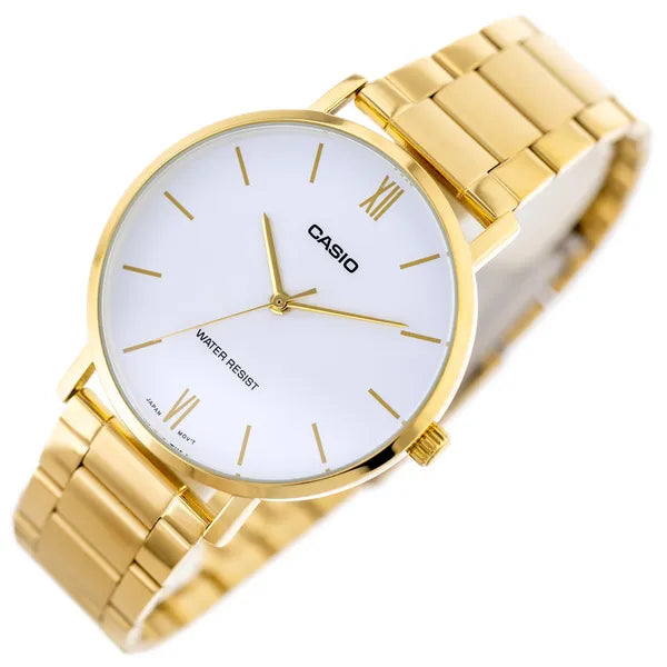 Casio MTP-VT01G-7B férfi karóra arany színű acél, fehér számlap, WR30, kvarc