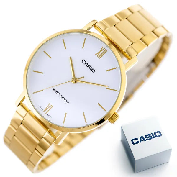 Casio MTP-VT01G-7B férfi karóra arany színű acél, fehér számlap, WR30, kvarc