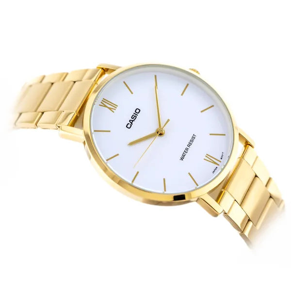 Casio MTP-VT01G-7B férfi karóra arany színű acél, fehér számlap, WR30, kvarc