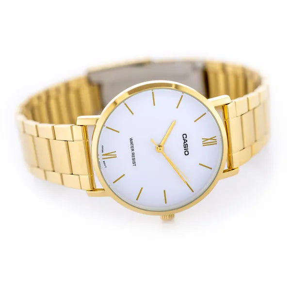 Casio MTP-VT01G-7B férfi karóra arany színű acél, fehér számlap, WR30, kvarc