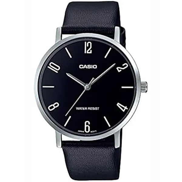 Casio MTP-VT01L-1B2 férfi karóra, kvarc, 40 mm, fekete számlap, bőrszíj, WR30