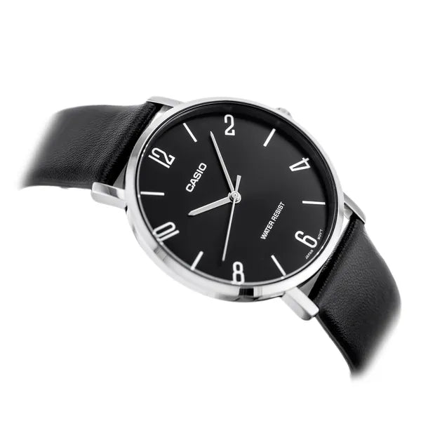 Casio MTP-VT01L-1B2 férfi karóra, kvarc, 40 mm, fekete számlap, bőrszíj, WR30