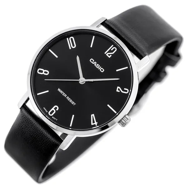 Casio MTP-VT01L-1B2 férfi karóra, kvarc, 40 mm, fekete számlap, bőrszíj, WR30