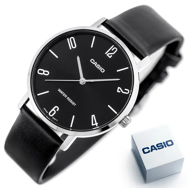 Casio MTP-VT01L-1B2 férfi karóra, kvarc, 40 mm, fekete számlap, bőrszíj, WR30