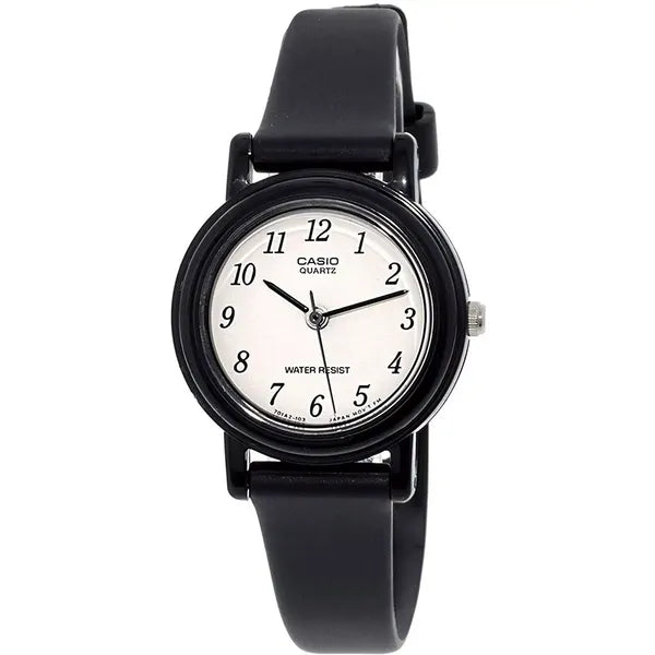 Casio LQ-139BMV-1B női karóra, 25 mm, fekete bőrszíj, fehér számlap, WR30