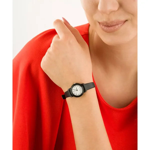 Casio LQ-139BMV-1B női karóra, 25 mm, fekete bőrszíj, fehér számlap, WR30