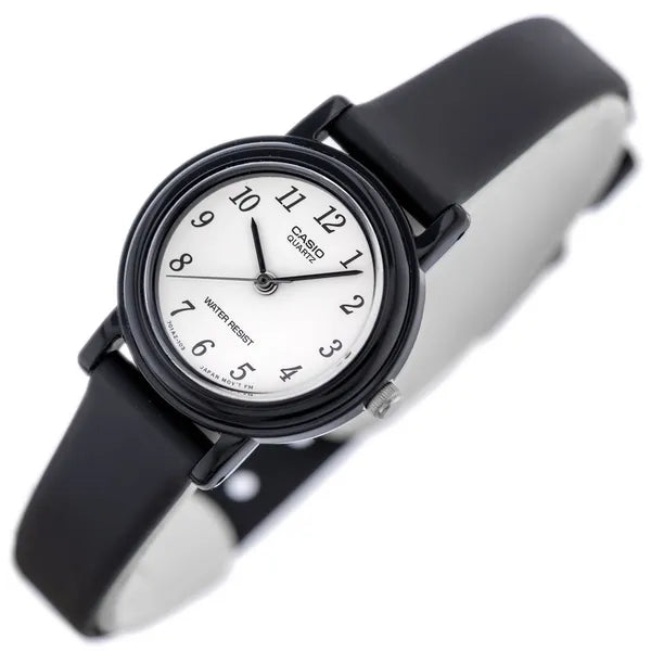 Casio LQ-139BMV-1B női karóra, 25 mm, fekete bőrszíj, fehér számlap, WR30