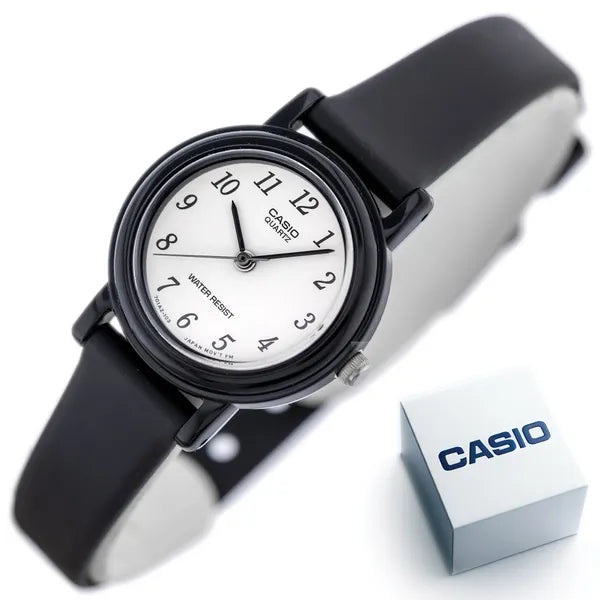 Casio LQ-139BMV-1B női karóra, 25 mm, fekete bőrszíj, fehér számlap, WR30