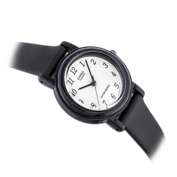 Casio LQ-139BMV-1B női karóra, 25 mm, fekete bőrszíj, fehér számlap, WR30